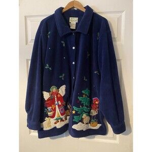 Quacker factory Blue Fleece Christmas Button up Jacket size 3X embroidered,beads
